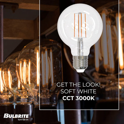 Bulbrite LED Filament Pack of (4) 5 Watt Dimmable G25 Light Bulb with a Clear Finish and Medium (E26) Base - 3000K (Soft White Light), 800 Lumens