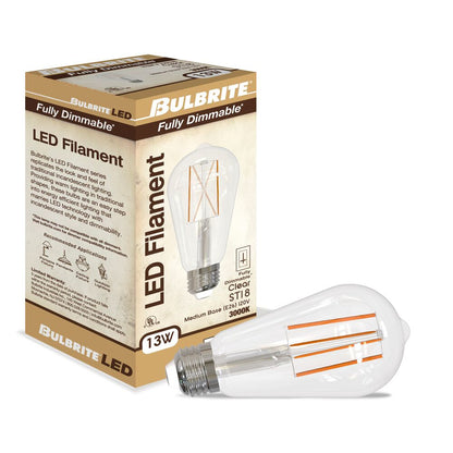 Bulbrite LED Filament Pack of (4) 13 Watt Dimmable ST18 Light Bulbs with a Clear Finish and Medium (E26) Base - 3000K (Soft White Light), 1400 Lumens