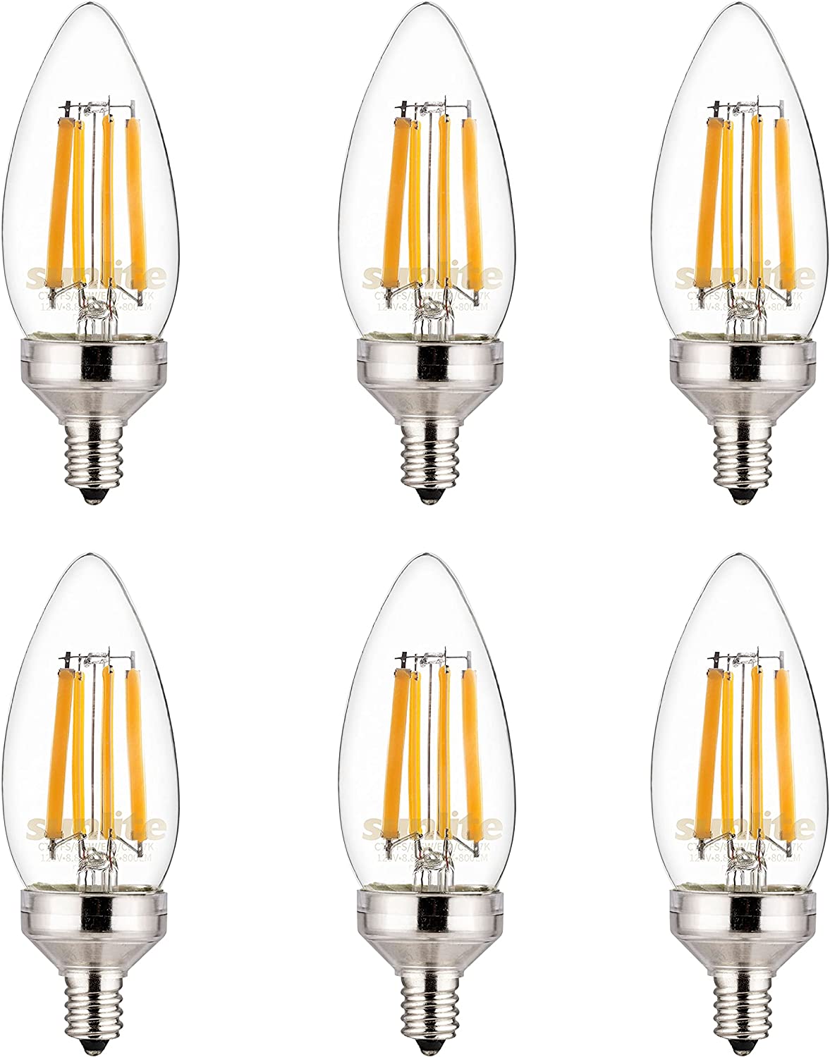 Sunlite 81337 LED Edison B11 Torpedo Tip Chandelier Light Bulb, 8.8 Watts (75 W Equivalent), 800 Lumens, Candelabra E12 Base, Dimmable, UL Listed, Title 20 Compliant, 90 CRI, 3000K Warm White, Pack of 6