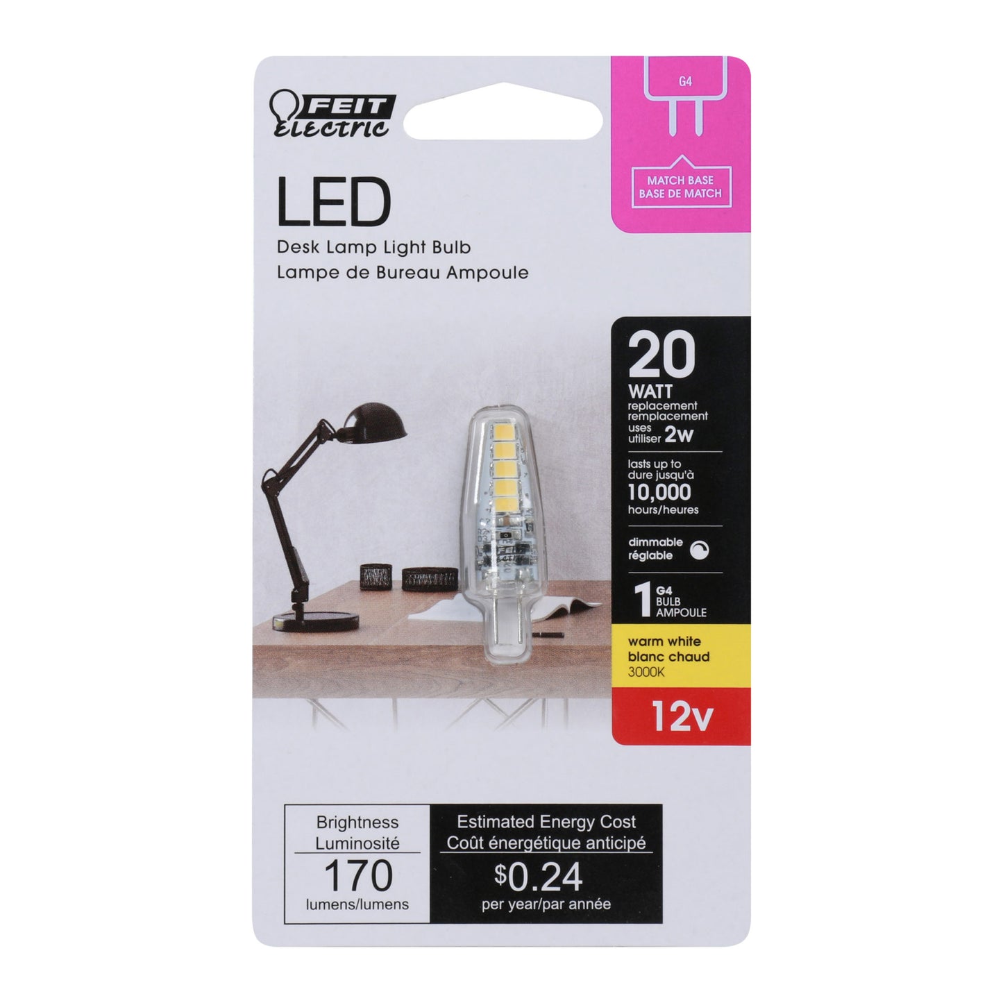 170 Lumen 3000K Dimmable LED G4