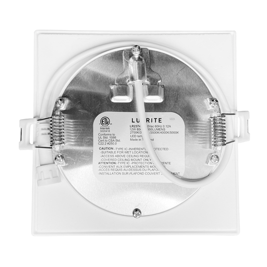 Luxrite LED 4" Mini Panel High Output Square Smooth Canless Wafer Spotlight, 12W, 950 Lumens, Color Selectable - 2700K/3000K/3500K/4000K/5000K, 80 CRI, White Finish, Dimmable (LR23743)