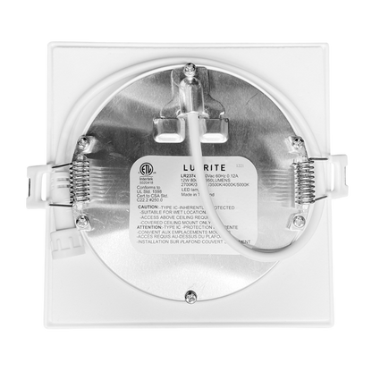 Luxrite LED 4" Mini Panel High Output Square Smooth Canless Wafer Spotlight, 12W, 950 Lumens, Color Selectable - 2700K/3000K/3500K/4000K/5000K, 80 CRI, White Finish, Dimmable (LR23743)