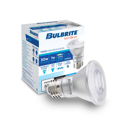 Bulbrite Pack of (6) 7 Watt Dimmable Narrow Flood PAR20 Medium (E26) LED Bulb - 500 Lumens, 2700K, and 80 CRI