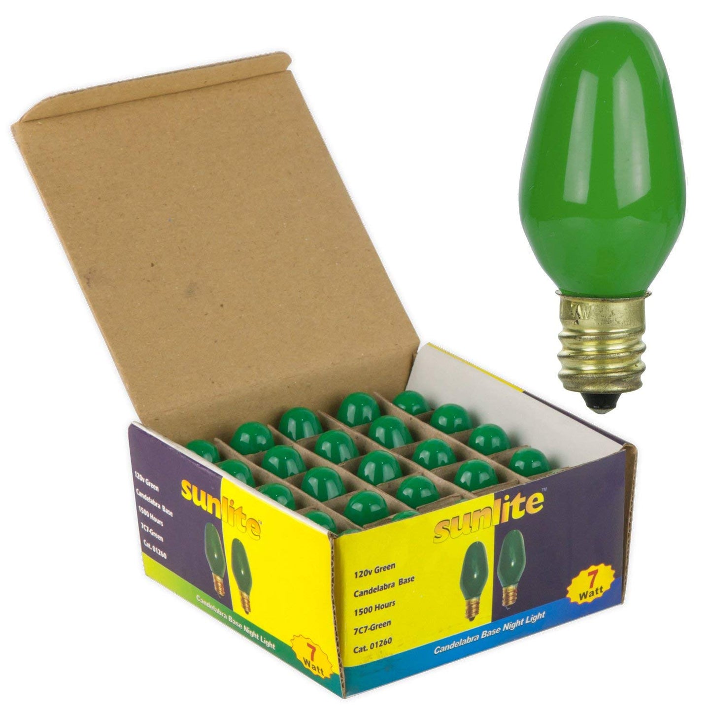 25 Pack Sunlite 7 Watt C7 Colored Night Light, Candelabra Base, Ceramic Green