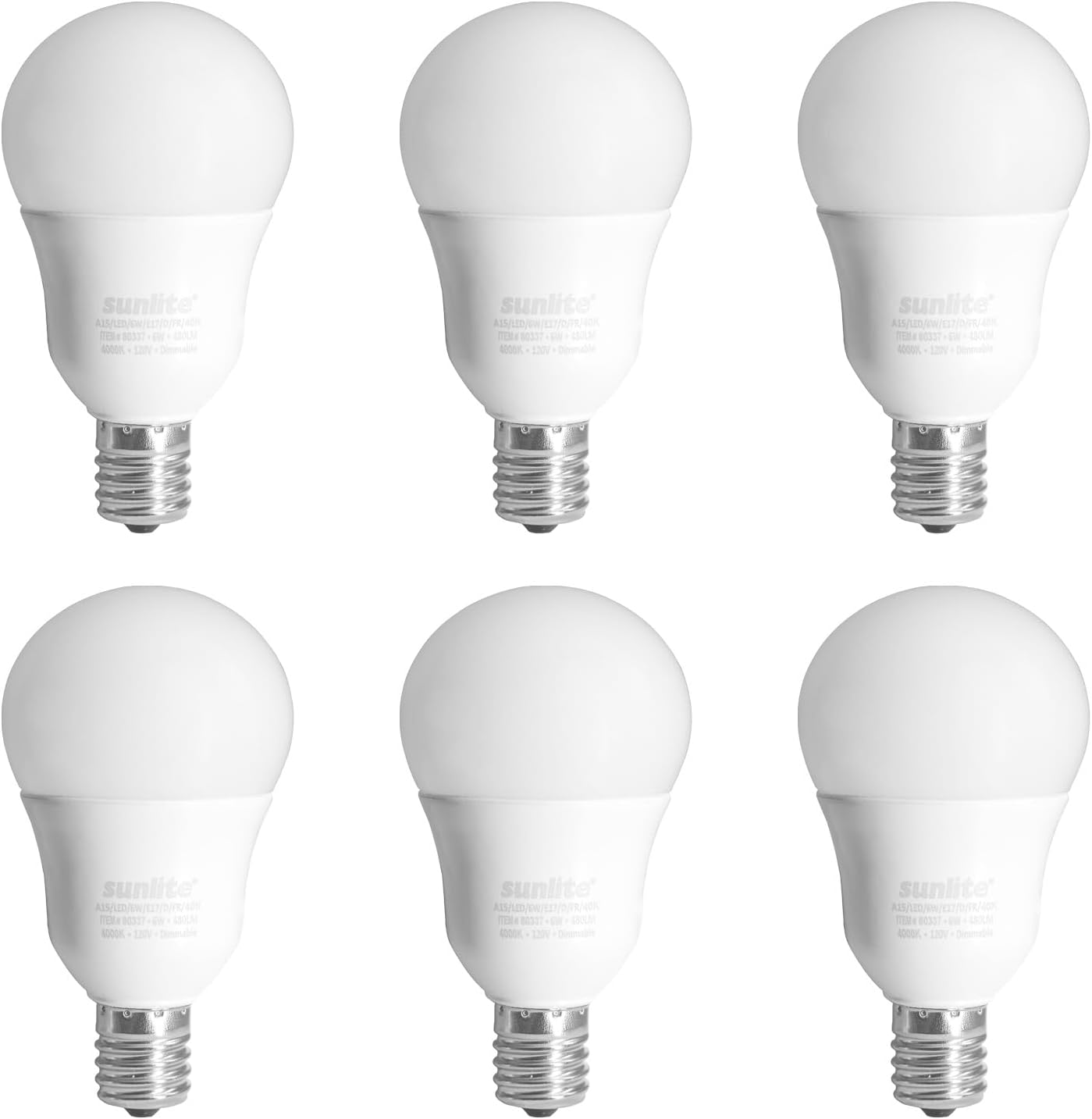 Sunlite LED A15 Light Bulb, 6 Watts (40W Equivalent), Intermediate Base (E17), 480 Lumens, Dimmable, Frosted Finish, ETL Listed, for Ceiling Fan Use, 6 Count, 4000K Cool White