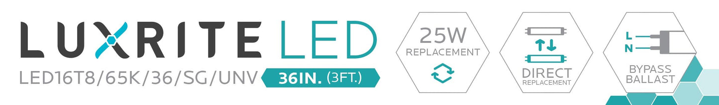 Luxrite LED 3' T8 Universal 16W Shatter Proof Ballast Compatible Light Tube, G13 Base, 1600 Lumens, 6500K - Daylight, 83 CRI, Frosted White Finish, Pack of 5  (LR34079)