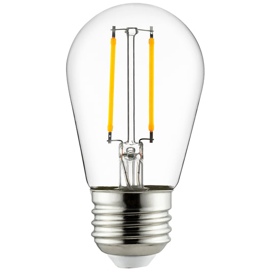 LED S14 Filament Style String Light Bulb, UL Listed, 2 Watts (25W Equivalent), 200 Lumens, Medium Base (E26), Dimmable, Clear Glass, 2200K Amber, 1 Count