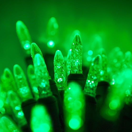 50 Light LED Mini Ice (M5) Light Set Green Bulbs on Green Wire, Approx. 17'8" Long