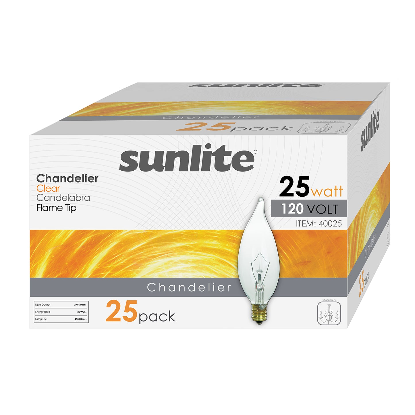 Sunlite 40025-SU 25-Pack Flame Tip Chandelier Bulbs, 25 Watts, Candelabra Base (E12), 120 Volt, Clear, Incandescent, Dimmable, 32K - Warm White