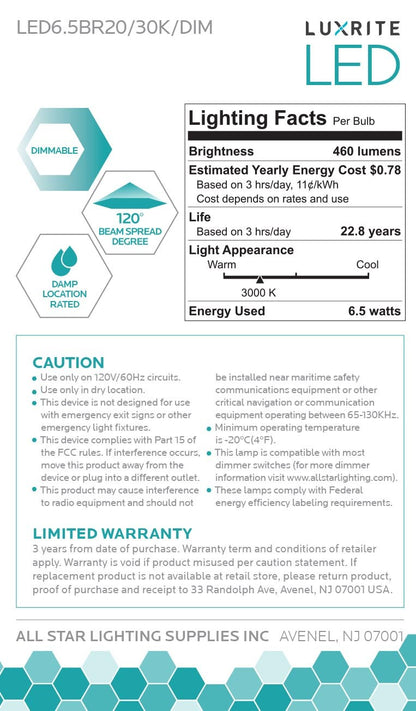 Luxrite LED BR20 Light Bulb, 6.5W, 460 Lumens, 3000K - Soft White, 80 CRI, Frosted White Finish, Dimmable (LR31841)