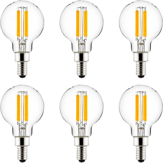 Sunlite 81145 LED G16.5 Filament Style Globe Light Bulb, 6 Watts (60W Equivalent), 500 Lumens, 120V, Dimmable, Candelabra Base (E12), 90 CRI, UL Listed, Title-20 Compliant, 3000K Warm White, 6 Pack