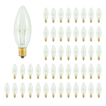 Bulbrite Torpedo 25mm, 15 Watt Dimmable B8 Incandescent Light Bulbs with E12 Candelabra Base, Clear, Pack of 50