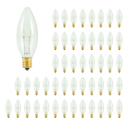 Bulbrite Torpedo 25mm, 15 Watt Dimmable B8 Incandescent Light Bulbs with E12 Candelabra Base, Clear, Pack of 50