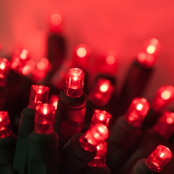 50 Light LED Conical (5MM) Light Set Red Bulbs on Green Wire, Approx. 17'4" Long