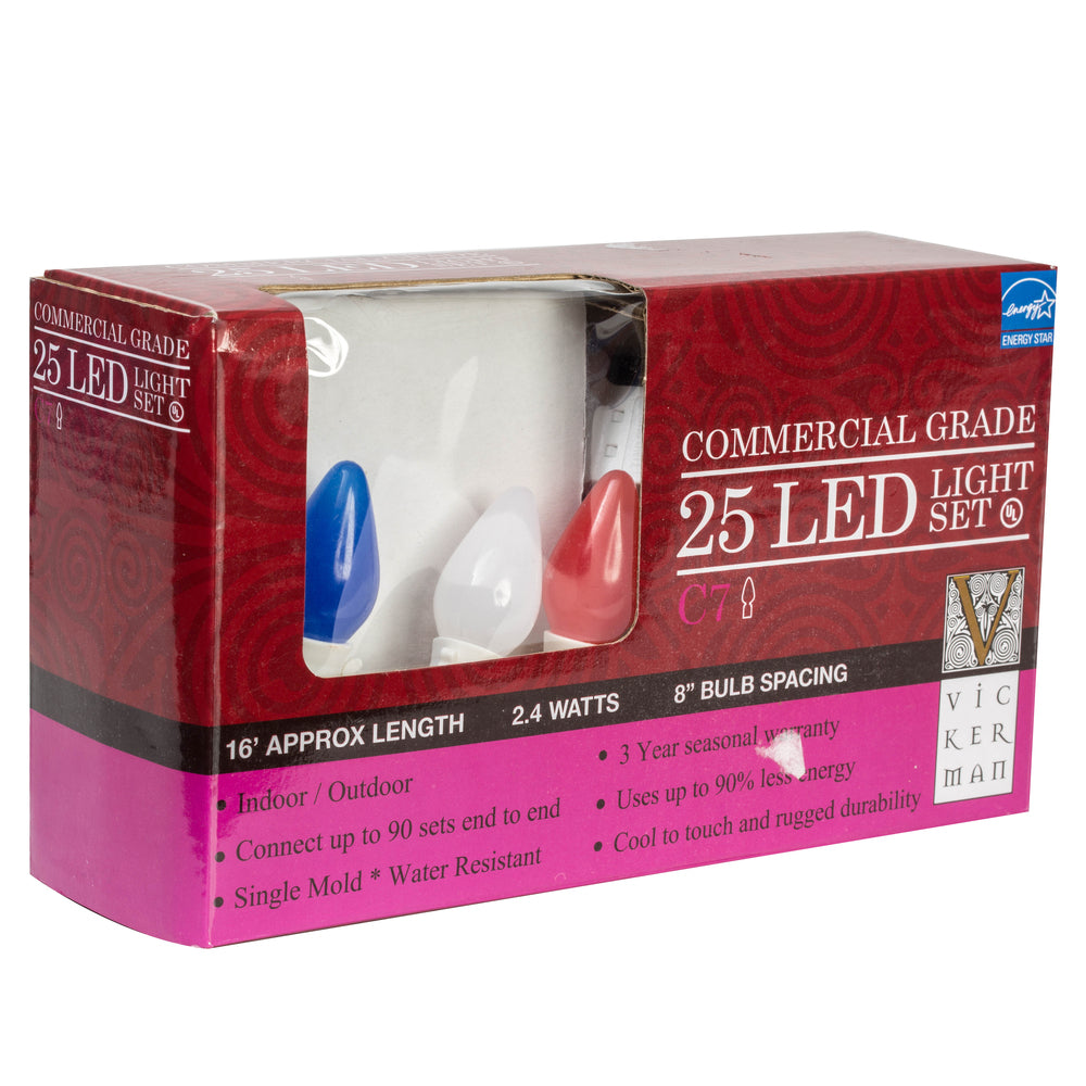 Vickerman 25 Red-White-Blue C7 LED on White Wire, 16' Christmas Light Strand- 2 Pack