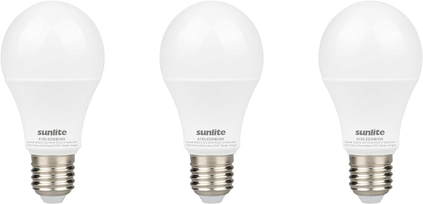 Sunlite LED A19 Light Bulb, 6 Watts (40 Watt Equivalent), 480 Lumens, 120 Volts, Non-Dimmable, 200 Degree Beam Angle, Medium E26 Base, ROHS Compliant, UL Listed, 3000K Warm White, 3 Pack