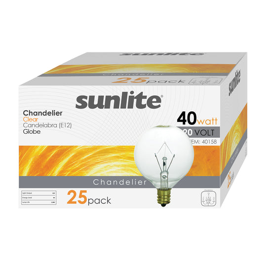 Sunlite 40158-SU 12-Pack G16;5 Globe Bulbs, 40 Watts, Candelabra Base (E12), 120 Volt, Clear, Incandescent, Dimmable, 2600K – Warm White