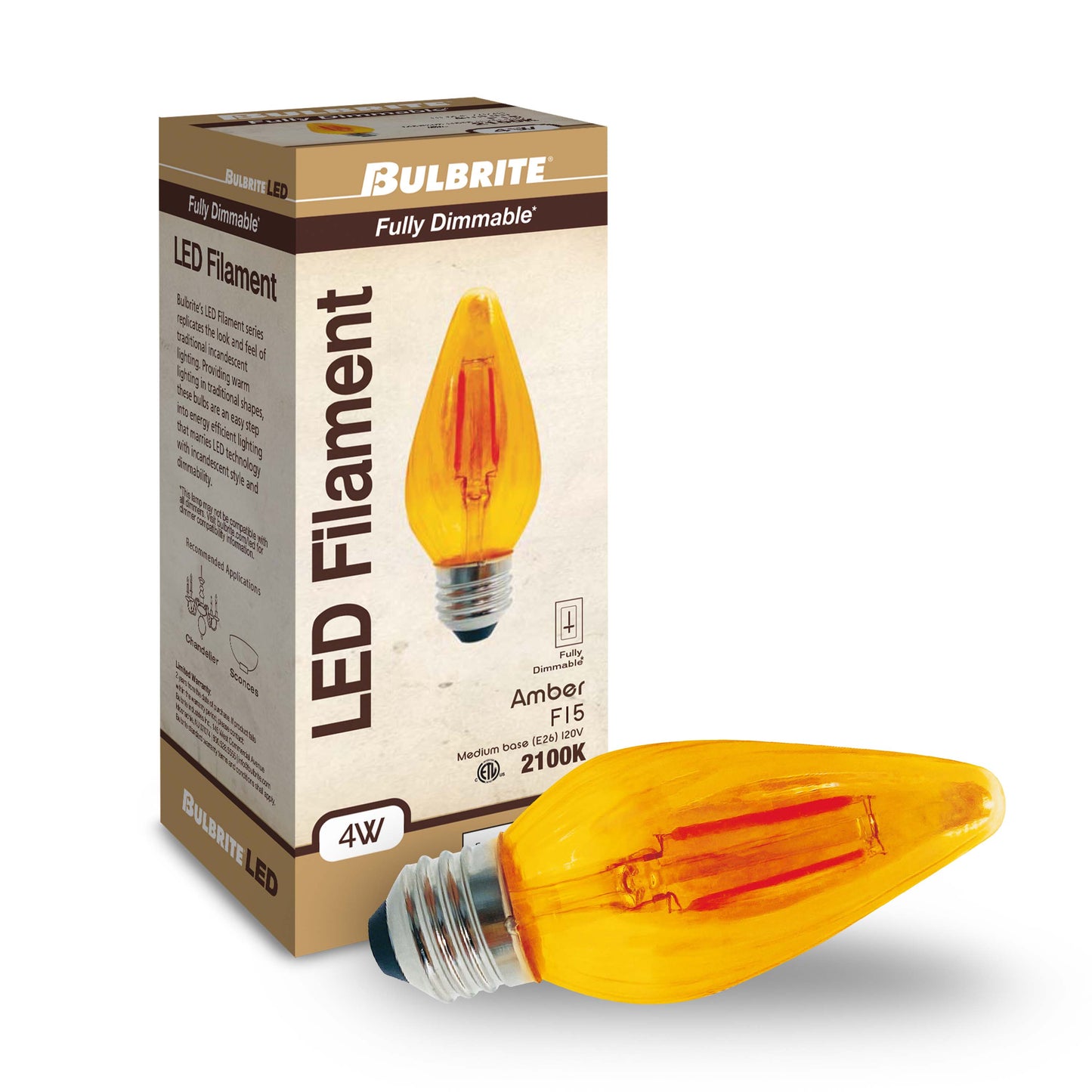 Bulbrite Fiesta Pack of (4) 4 Watt Dimmable F15 LED Filament Light Bulb with Amber Glass Finish and Medium (E26) Base - 2100K (Amber Light), 280 Lumens