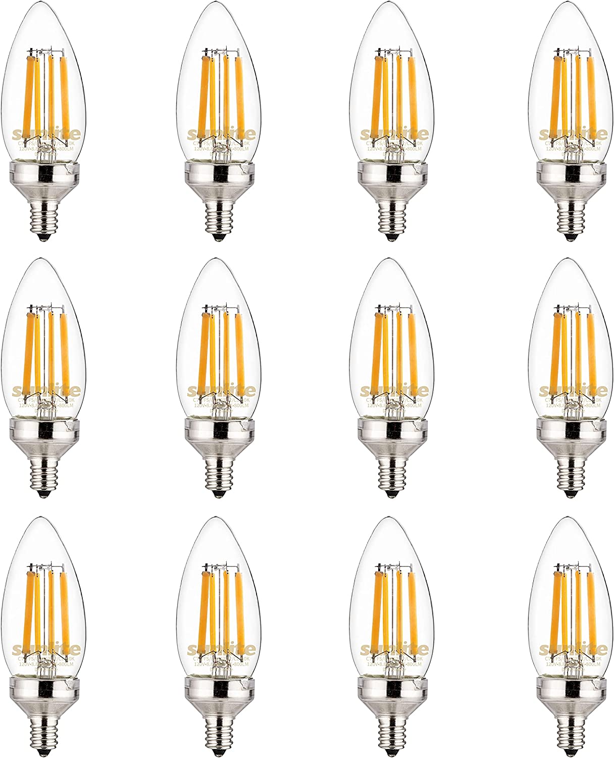 Sunlite 81338 LED Edison B11 Torpedo Tip Chandelier Light Bulb, 8.8 Watts (75 W Equivalent), 800 Lumens, Candelabra E12 Base, Dimmable,  UL Listed, Title 20 Compliant, 90 CRI, 5000K Super White, Pack of 12