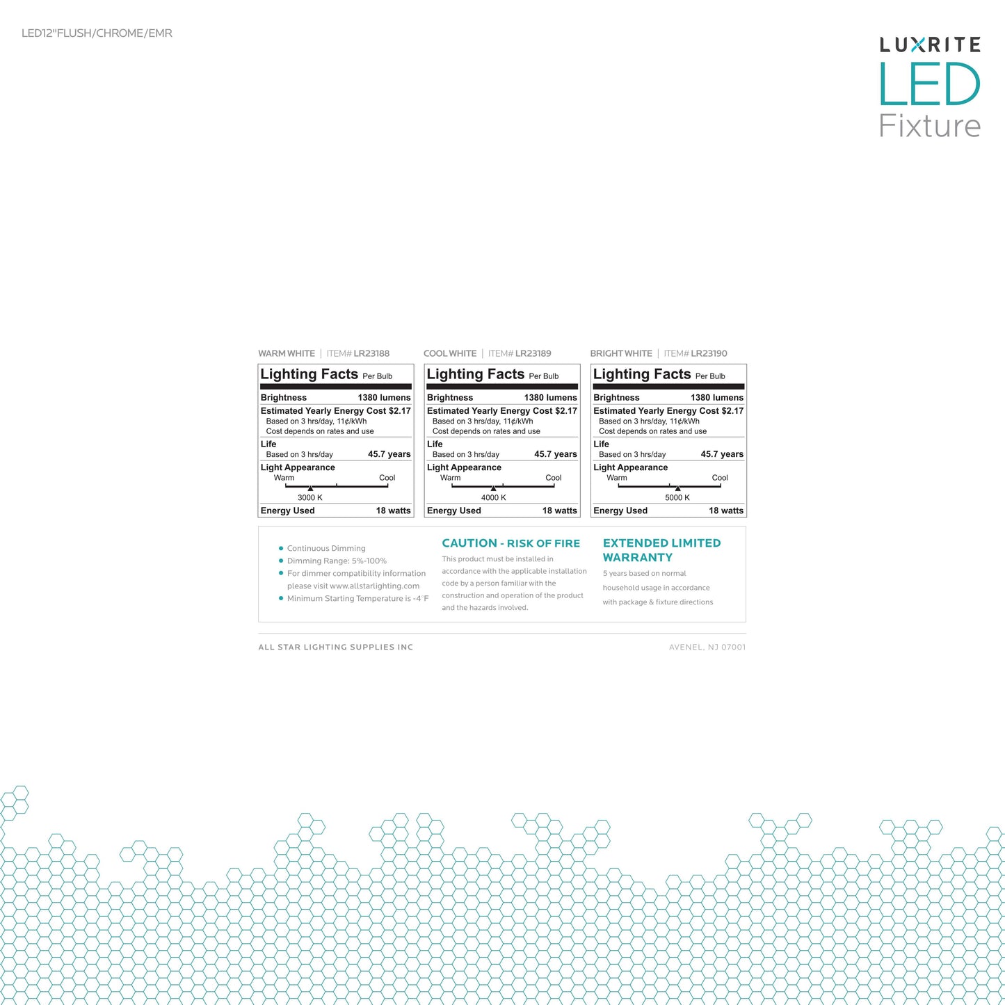 Luxrite Surface Mount LED12"FLUSH/CHROME/40K/EMR  Cool White