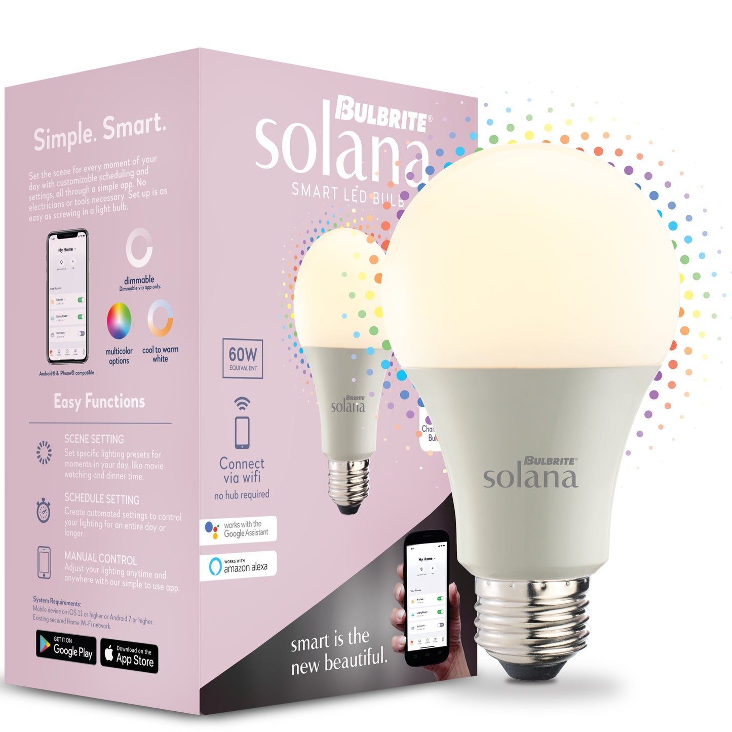 Bulbrite Solana Pack of (2) 9 Watt A19 Smart WiFi Connected LED Light Bulbs with Medium (E26) Base, Color Changing and Tunable White Light