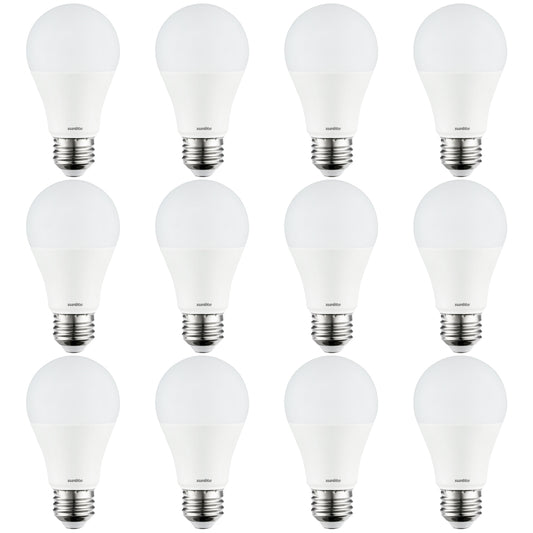 12 Pack Sunlite LED A19 Bulbs, 9 Watt (60 Watt Equivalent), 3000K Warm White, Non-dimmable