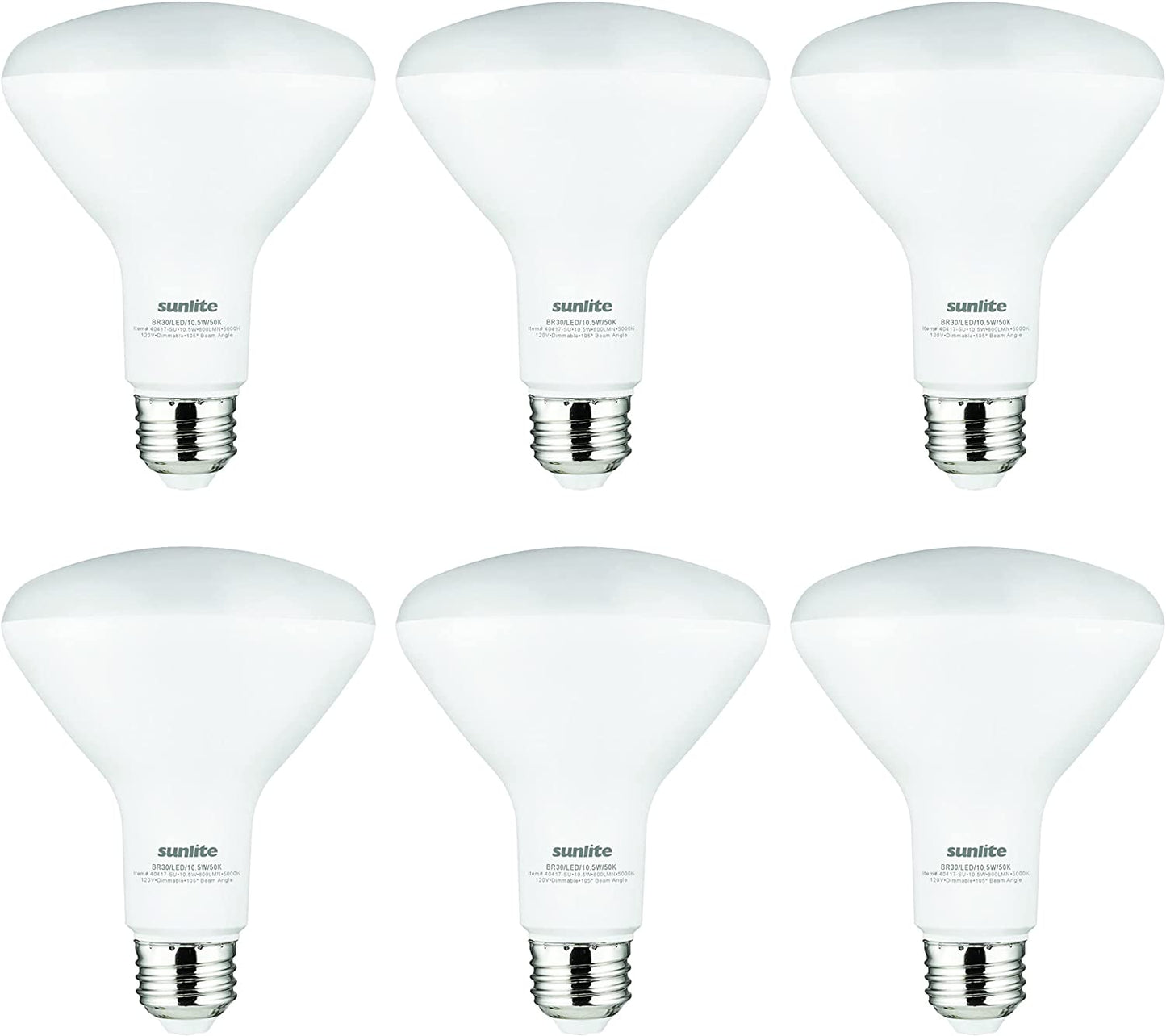 Sunlite 81397 LED BR30 Recessed Light Bulb, 10.5 Watt (65w equivalent), 800 Lumens, Medium E26 Base, Dimmable Flood-Light, UL Listed, 5000K Super White, Pack of 6