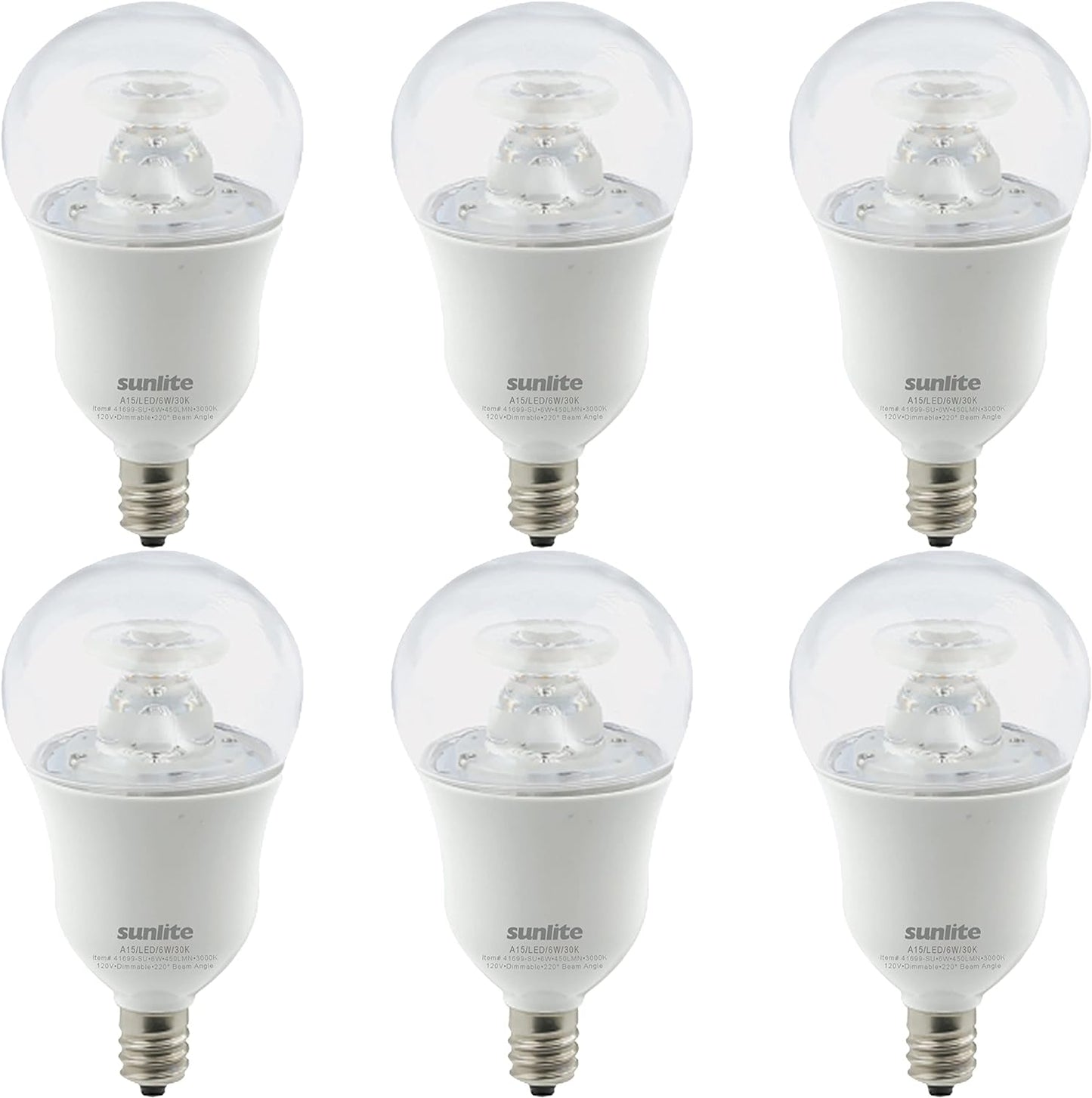 Sunlite LED A15 Appliance Clear Light Bulb, 6 Watts (40W Equivalent), 450 Lumens, Candelabra Base (E12), 90 CRI, Dimmable, ETL Listed, Ceiling Fan, 3000K Warm White, 6 Count