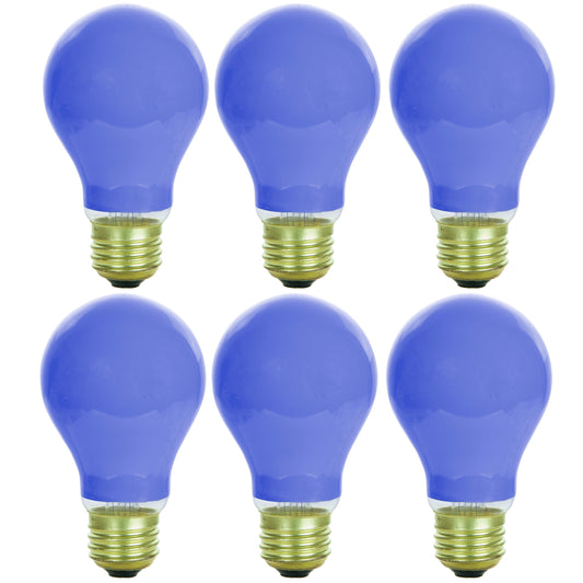 Sunlite 40438 Incandescent A19 Colored Bulb, 60 Watts, E26 Medium Base, Dimmable, Party Decoration, Holiday Lighting, Household Lighting, Mercury Free, Ceramic Blue, 6 Count