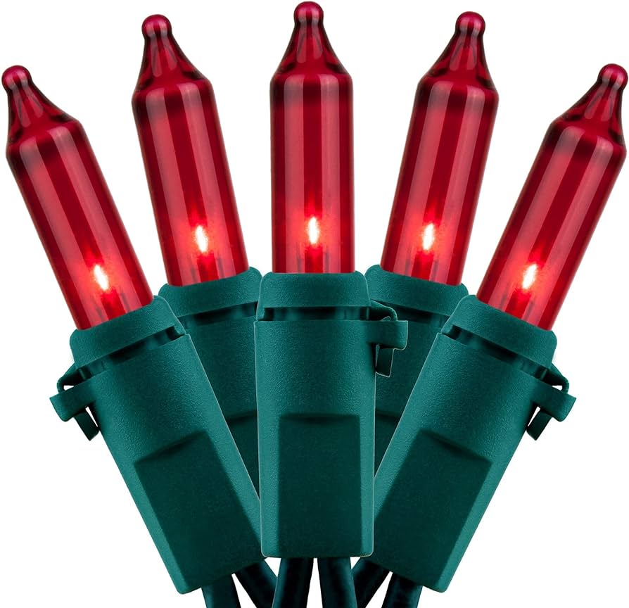 Transparent Red Christmas Tree Mini Lights, 50 Lights, T1 3/4 Shaped, 16 Foot, Green Wire, Steady Burning and Flashing