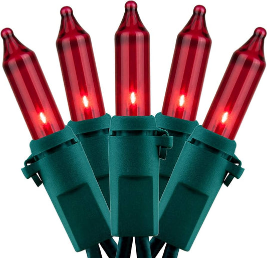 Transparent Red Christmas Tree Mini Lights, 50 Lights, T1 3/4 Shaped, 16 Foot, Green Wire, Steady Burning and Flashing