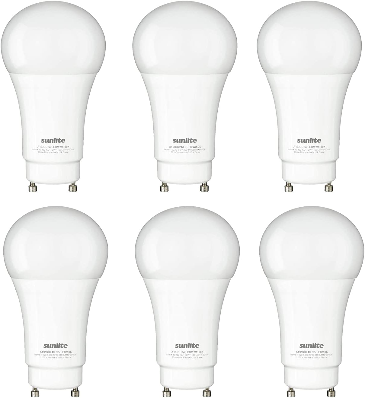 Sunlite 88256 LED A19 Light Bulb 12 Watts (75W Equivalent) 1100 Lumens, GU24 Twist and Lock Base, Dimmable, UL Listed, Energy Star, 5000K Super White, 6 Pack.