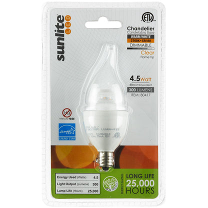 Sunlite LED Torpedo Tip Chandelier 4.5W (40W Equivalent) Light Bulb Candelabra (E12) Base, Warm White