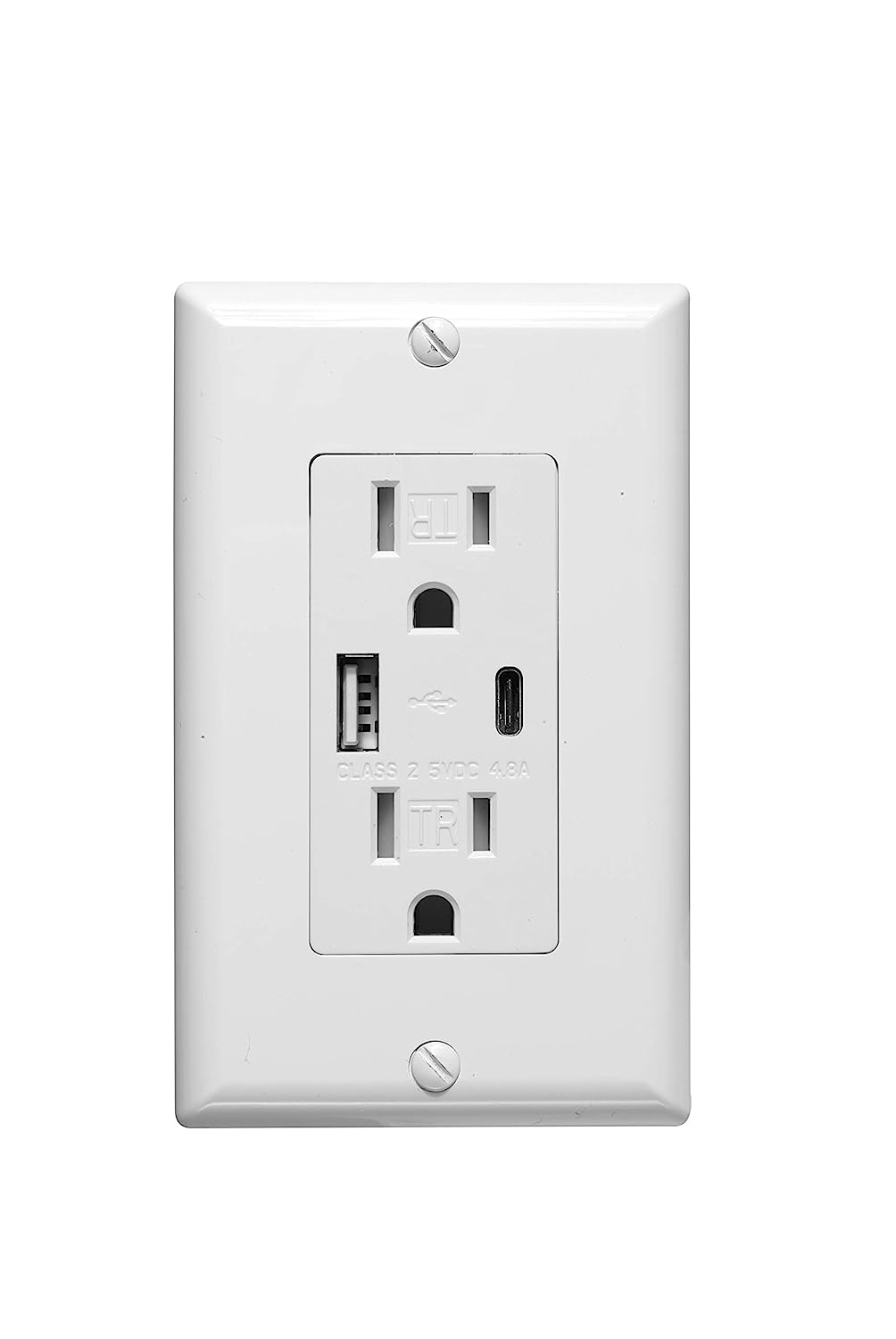 Sunlite 08154 USB Charger and Duplex Receptacle, USB-A/C Ports, DC 4.8A 5A, 15A-125VAC, Decorator Style, Tamper Resistant, White with Cover Plate, for Fast Charging for Mobile Devices, UL Listed