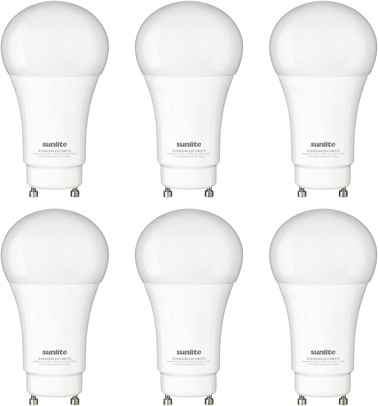 Sunlite 88254 LED A19 Light Bulb 12 Watts (75W Equivalent) 1100 Lumens, GU24 Twist and Lock Base, Dimmable, UL Listed, Energy Star, 2700K Warm White, 6 Count