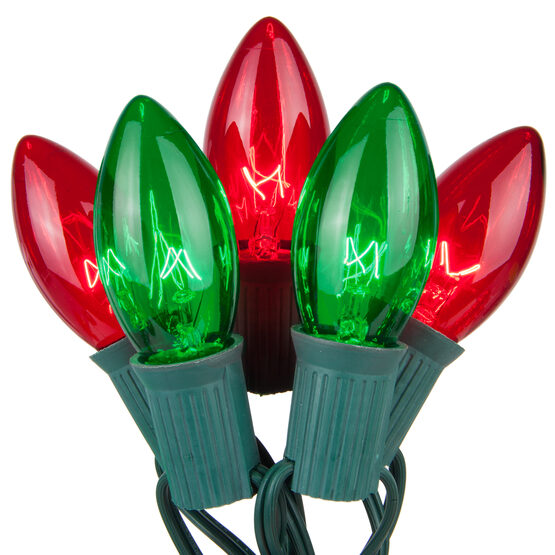 Red and Green Finish Christmas Light String Set, C9 Shape, 12 Foot, Intermediate Base, Green Wire, 25 String Light with 12" Spacing Between Lights