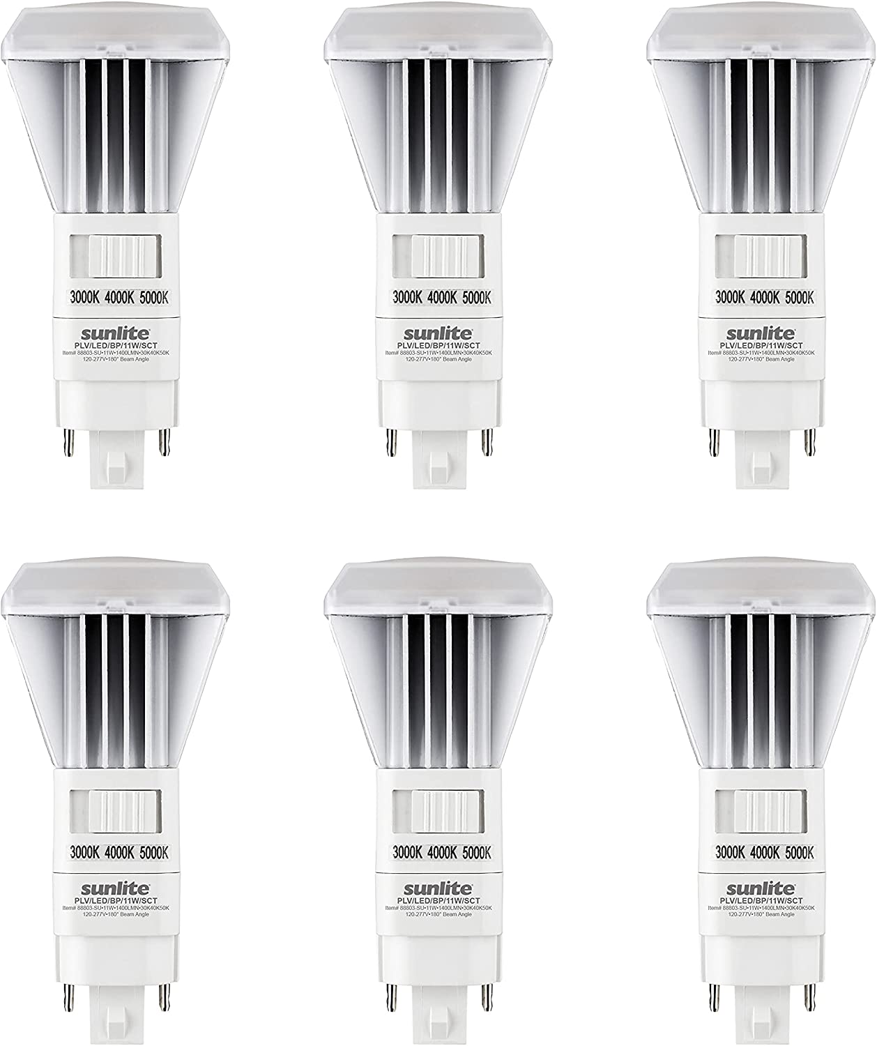 Sunlite 88803 LED CCT PLV Recessed Ballast Bypass Light Bulb, 11 Watt 26W Fluorescent Replacement 1400 Lumens, G24d 2 Pin Base, Vertical, UL Listed ROHS Compliant, 3000K - 5000K Tunable Switch, Pack of 6