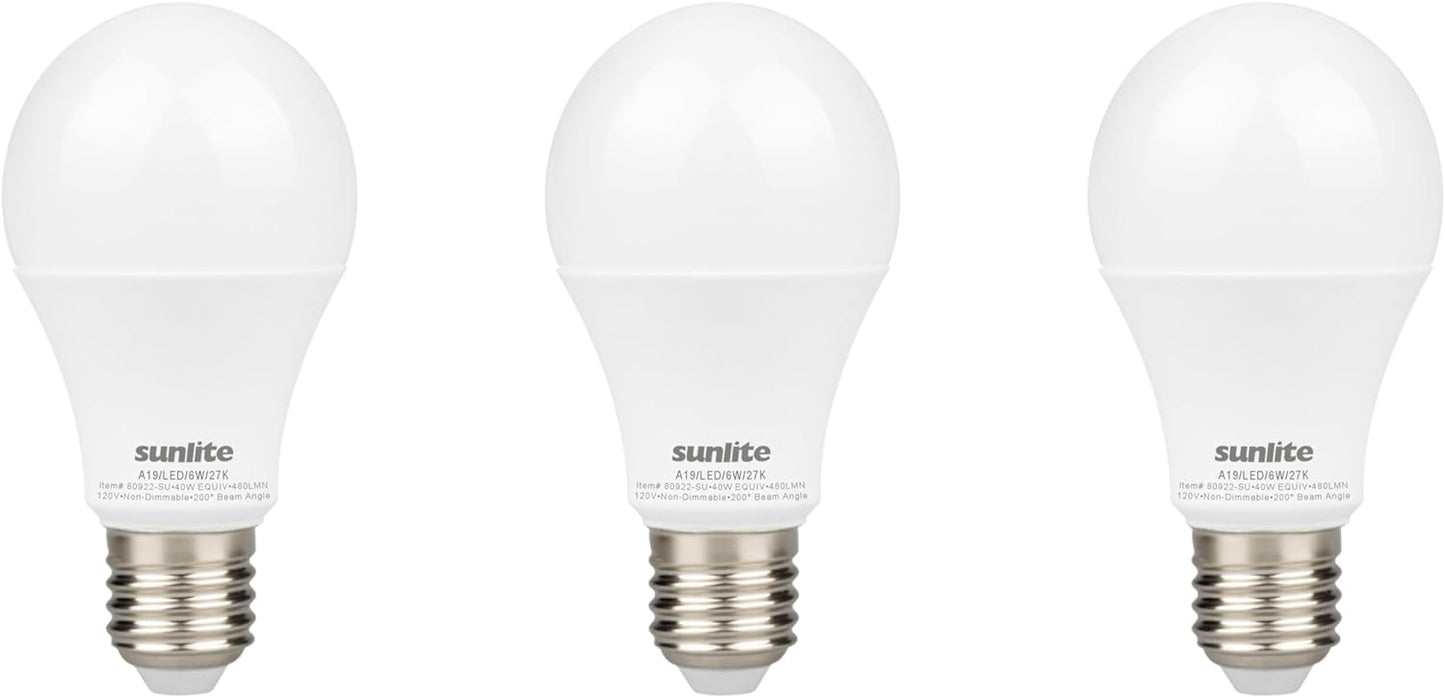 Sunlite LED A19 Light Bulb, 6 Watts (40 Watt Equivalent), 480 Lumens, 120 Volts, Non-Dimmable, 200 Degree Beam Angle, Medium E26 Base, ROHS Compliant, UL Listed, 2700K Soft White, 3 Pack