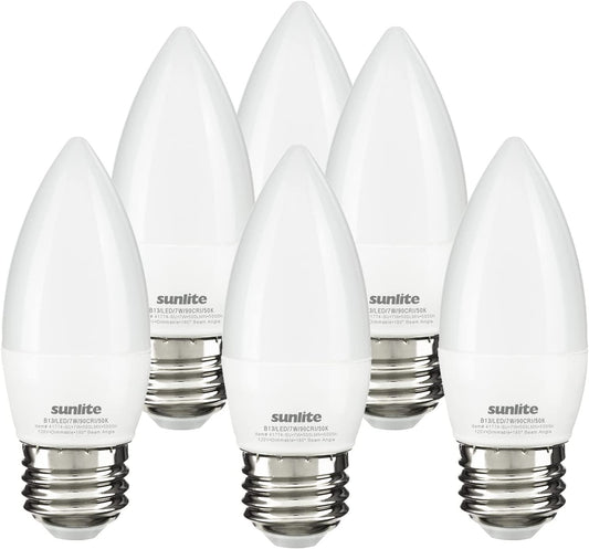 LED Torpedo Tip B11 Chandelier Light Bulb, 7 Watts (60W Equivalent), 500 Lumens, Medium Base (E26), Dimmable, Energy Star, 50K - Super White, Frost 6 Pack