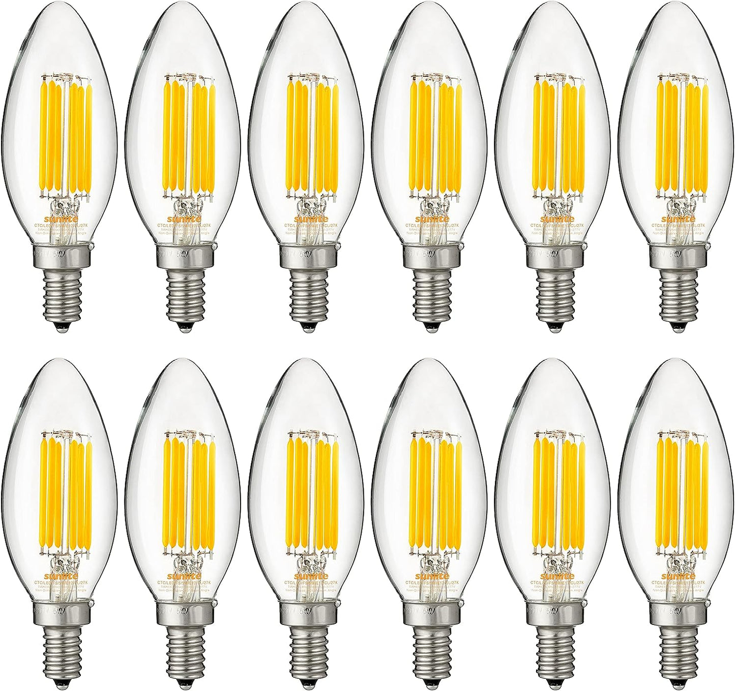 Sunlite LED Edison B11 Torpedo Tip Chandelier Light Bulb, 5 Watts (60W Equivalent), 630 Lumens, Candelabra E12 Base, Non-Dimmable Clear Glass Filament, 220-277 Volt, 2700K Warm White, 12 Count