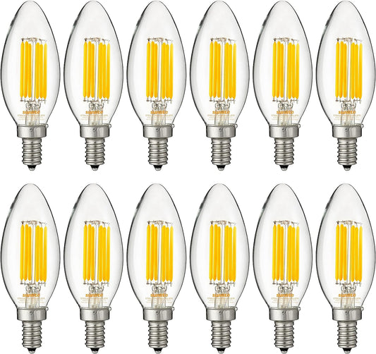 Sunlite LED Edison B11 Torpedo Tip Chandelier Light Bulb, 5 Watts (60W Equivalent), 630 Lumens, Candelabra E12 Base, Non-Dimmable Clear Glass Filament, 220-277 Volt, 2700K Warm White, 12 Count