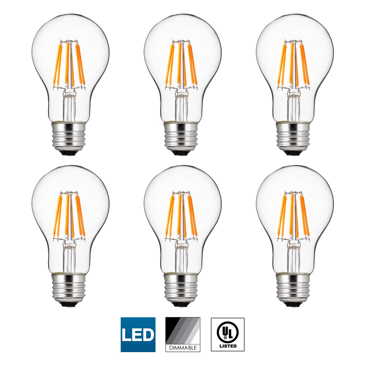 Sunlite 80188 LED Filament A19 Standard Light Bulb 6 Watts (40 Watt Equivalent) Clear Dimmable Light Bulb 2700K - Warm White 1 Pack