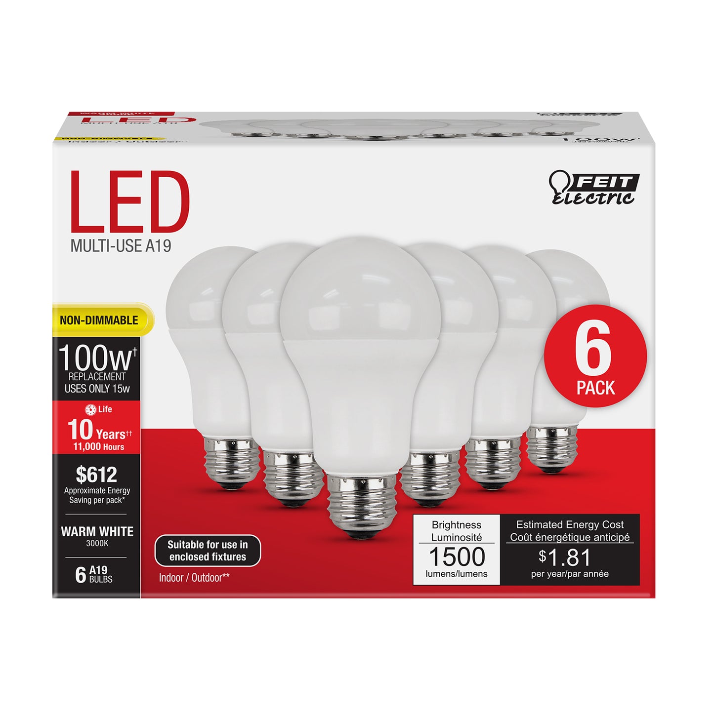 1500 Lumen 3000K Non-Dimmable A19 LED