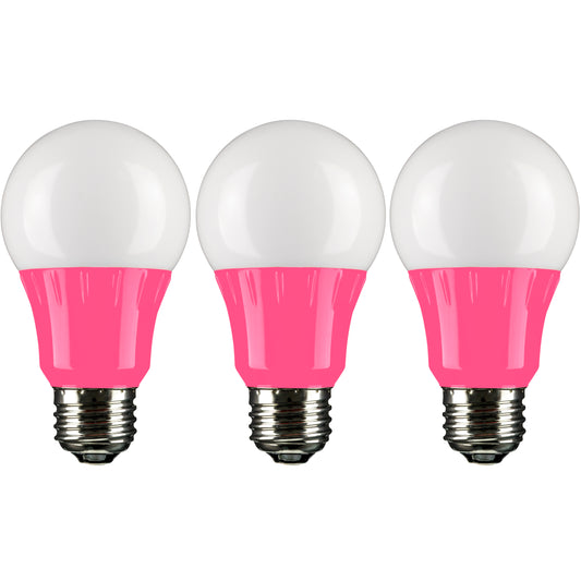 Sunlite 40453-SU LED A19 Colored Light Bulb, 3 Watts (25w Equivalent), E26 Medium Base, Non-Dimmable, UL Listed, Pink 3 Pack