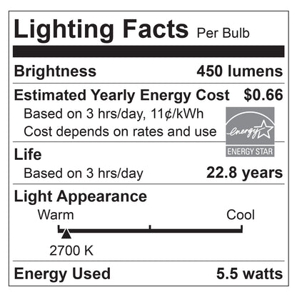 6-Pack Sunlite LED A19 Bulbs 5.5 Watts (40 Watt Equivalent), Dimmable, Medium Base, UL Listed, 450 Lumen, 27K - Warm White, Pack of 6