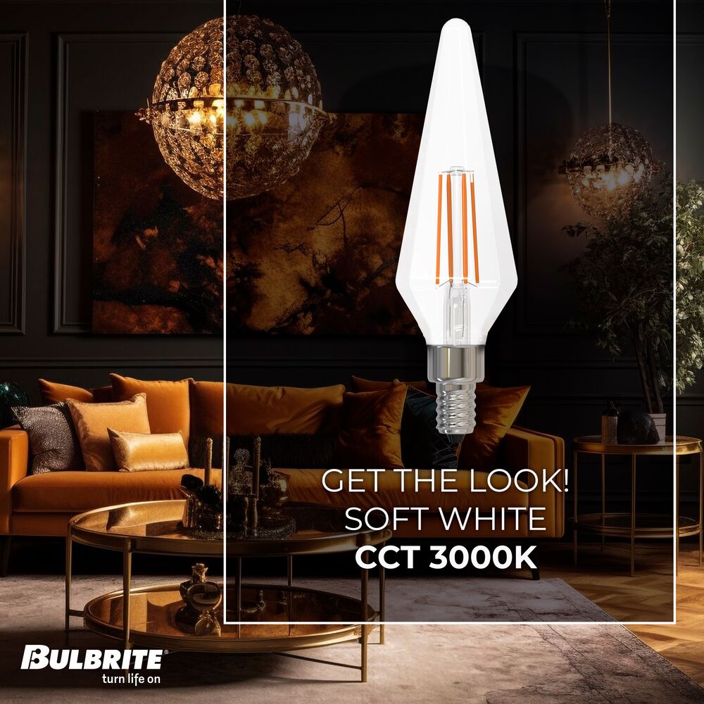 Bulbrite LED Filament Pack of (4) 4 Watt Dimmable Prism Light Bulbs with a Clear Finish and Candelabra (E12) Base - 3000K (Soft White Light), 350 Lumens