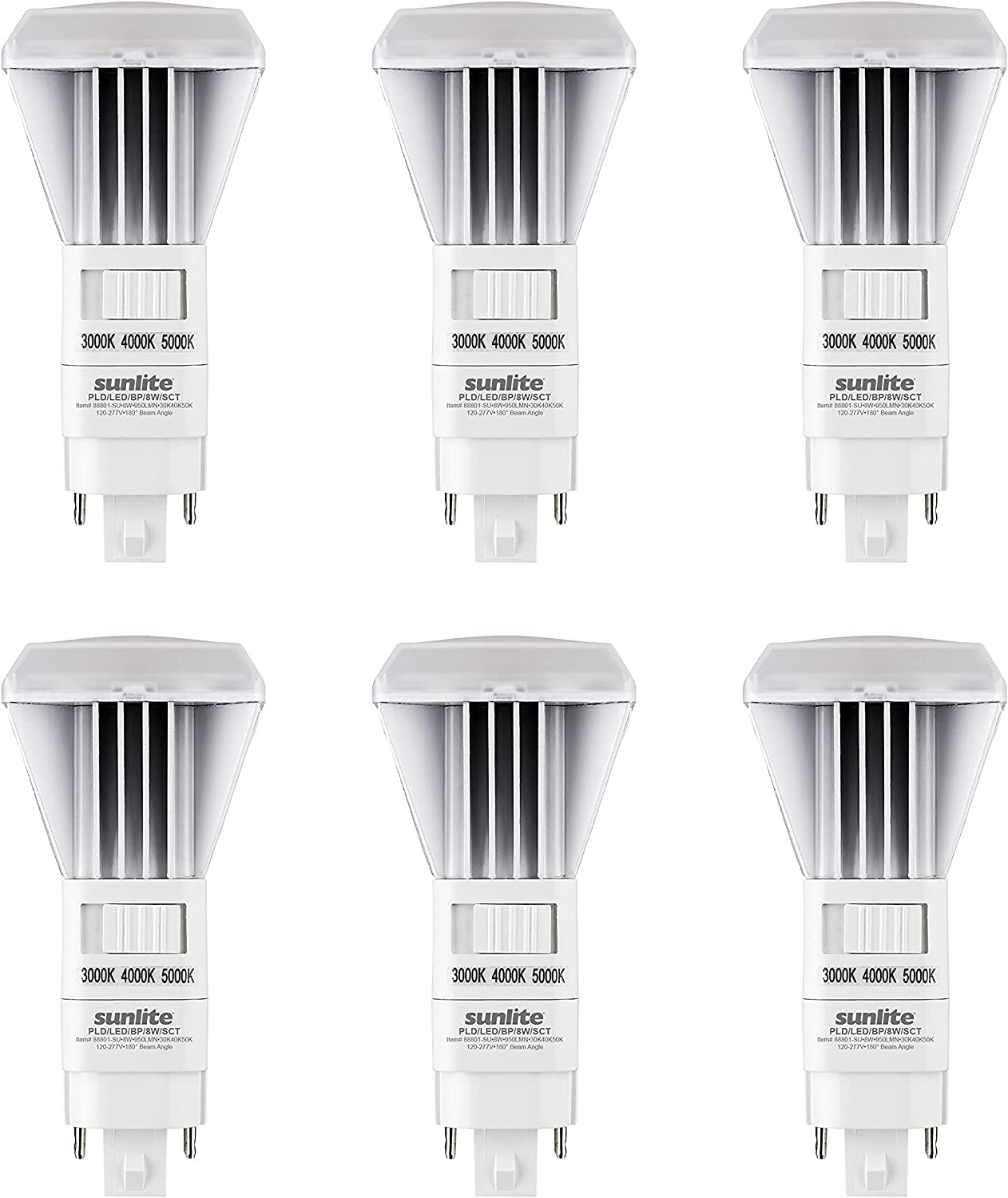 Sunlite 88801 LED CCT PLV Recessed Ballast Bypass Light Bulb, 8 Watt 18W Fluorescent Replacement 950 Lumens, G24d 2 Pin Base, Vertical, UL Listed ROHS Compliant, 3000K - 5000K Tunable Switch, Pack of 6