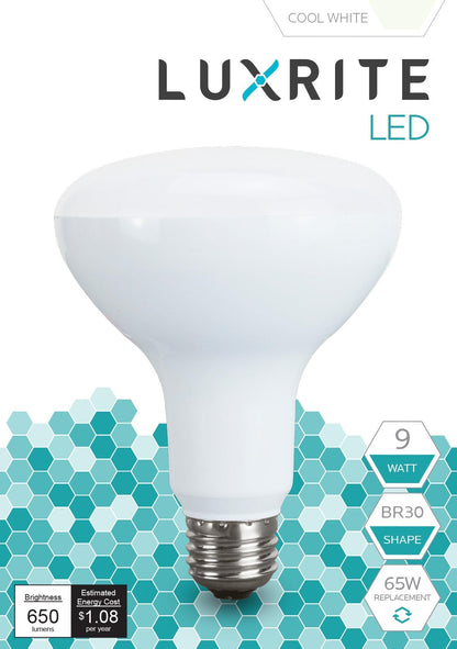 Luxrite LED BR30 Reflector Light Bulb, 9W, 650 Lumens, 4000K - Cool White, 80 CRI, Frosted White Finish, Dimmable, Pack of 7 (LR31853)