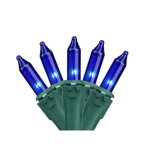 Transparent Blue Christmas Tree Mini Lights, 100 Lights, T1 3/4 Shaped, 31 Foot, Green Wire, Steady Burning and Flashing