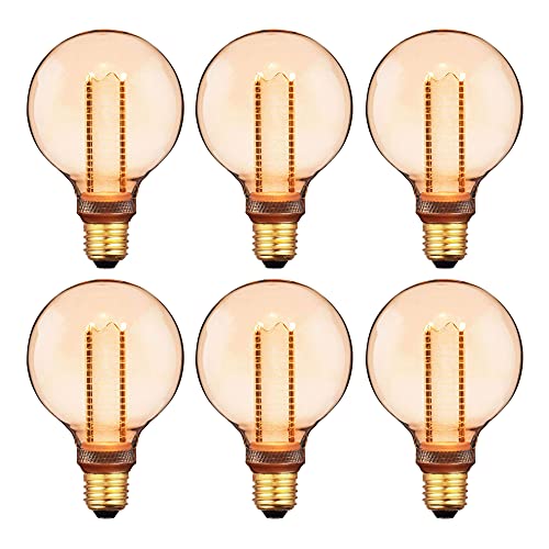 Sunlite 81255 LED G40 Virtual Filament Globe Light Bulb, 3.5 Watts (15W Equivalent), 120 Lumens, Medium E26 Base, Clear Glass, Dimmable, Acrylic Inner Pillar, UL Listed, 2000K Amber, 6 Pack